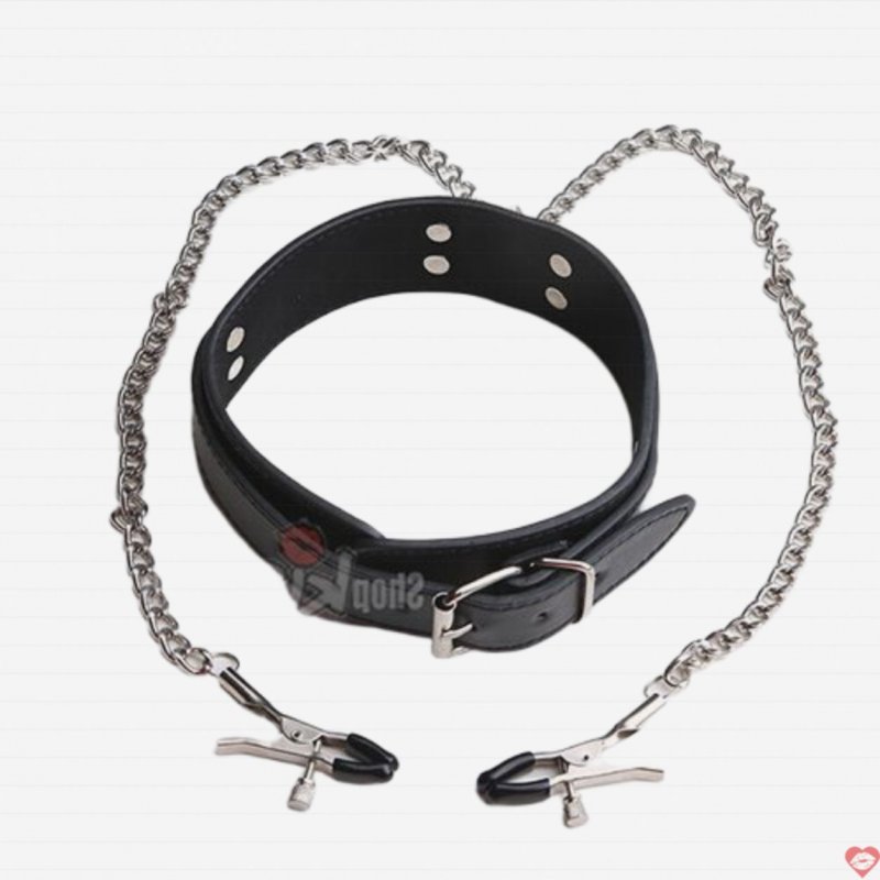 Vòng cổ BDSM kẹp vú da PU thép không gỉ đam mê kích thích 