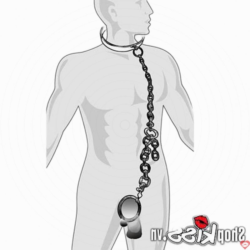 Vòng cổ kim loại dây xích dài trói dương vật nam BDSM kích thích 